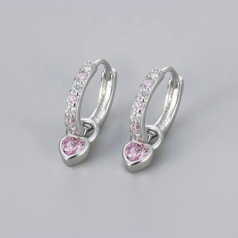 Women's heart drop earrings with coloured gemstone in gold or white gold colour metal