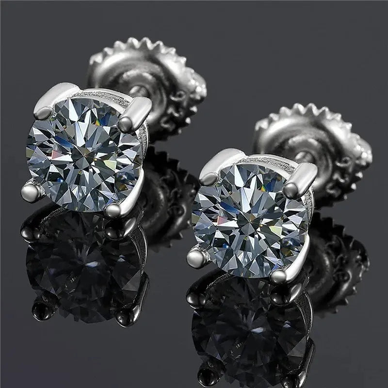 Geometric moissanite stud earrings with four claw screw setting on silver