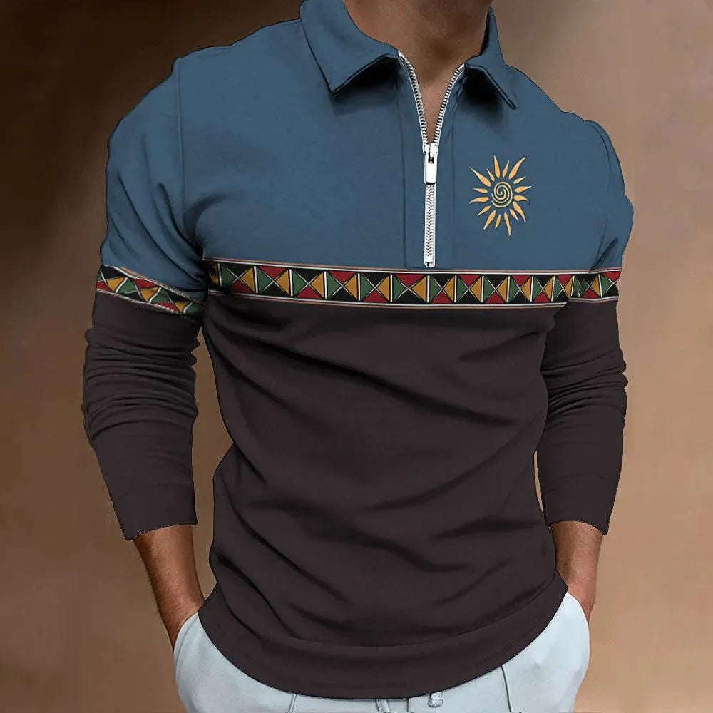 Men's striped retro print golf t-shirt with long sleeves and zipper details in loose fit