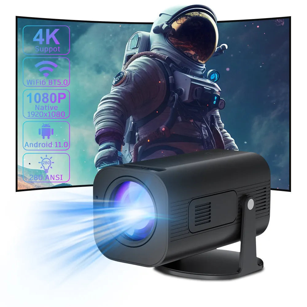 Black P330 portable mini projector with remote control on a table, for mobile phone streaming.