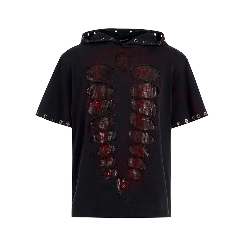 Black men's hooded T-shirt with sequin design and short sleeves in loose-fitting style