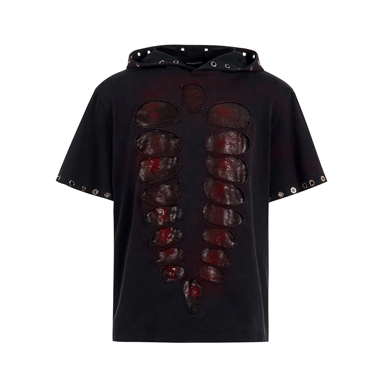 Black men's hooded T-shirt with sequin design and short sleeves in loose-fitting style