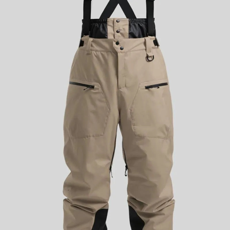 Men's black linen waterproof ski trousers with a thickened strap, laid flat.