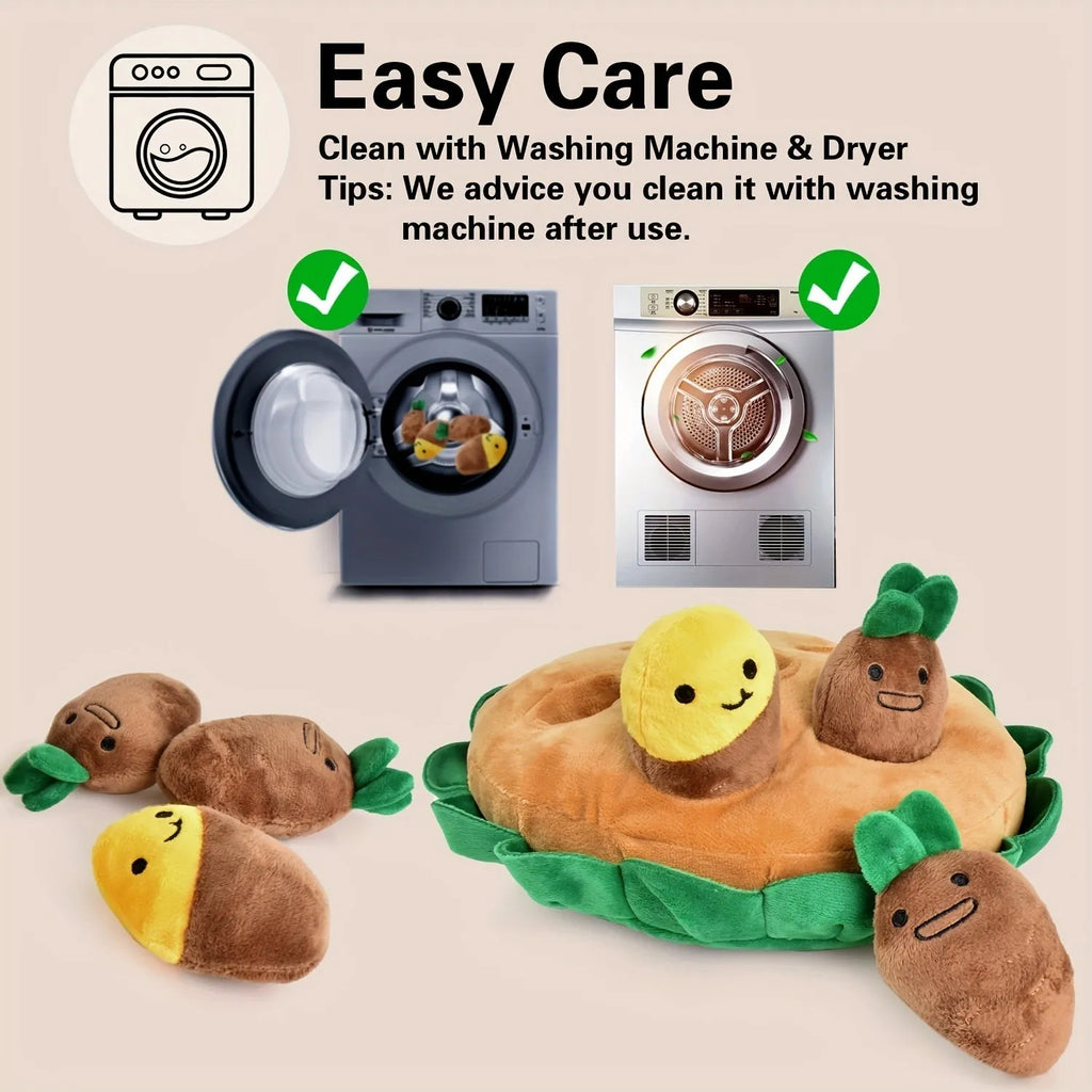 Yellow interactive dog puzzle toy with removable squeaky plush toys on polyester sniffing and feeding pads