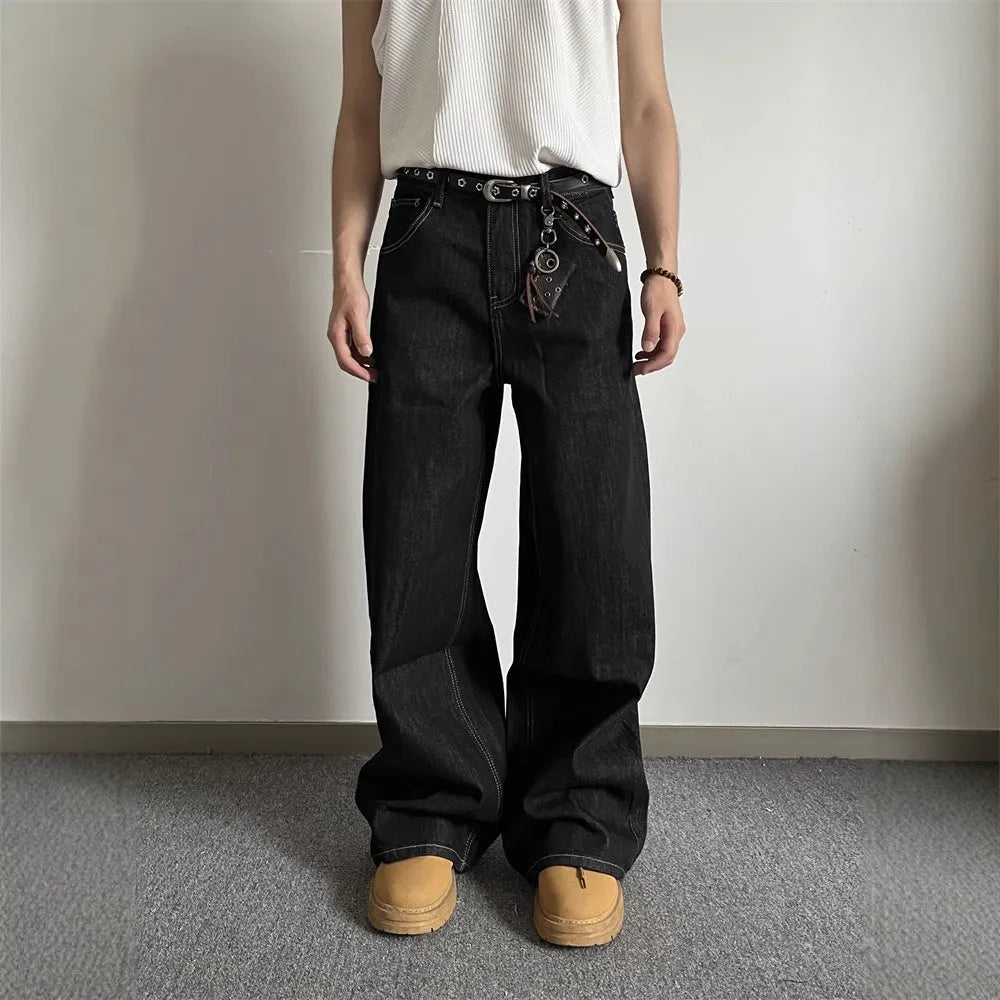 Black retro loose wide-leg jeans with straight-leg design and zip placket