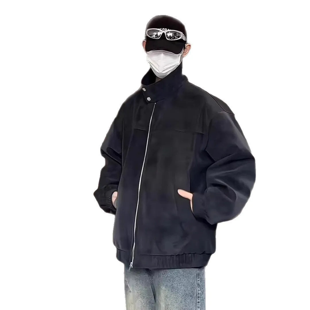 Men's grey vintage tie-dye PU leather jacket with stand collar and side pockets