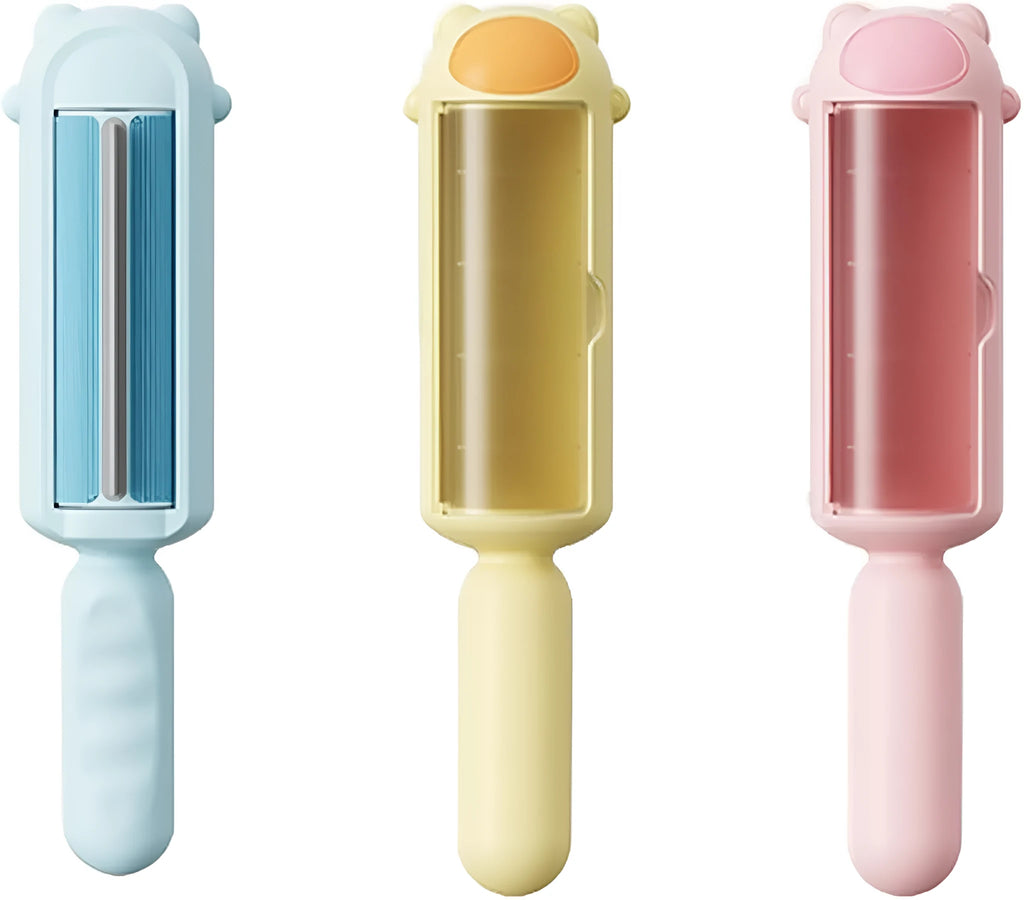 Blue reusable pet hair remover with self-cleaning base for furniture and car seats