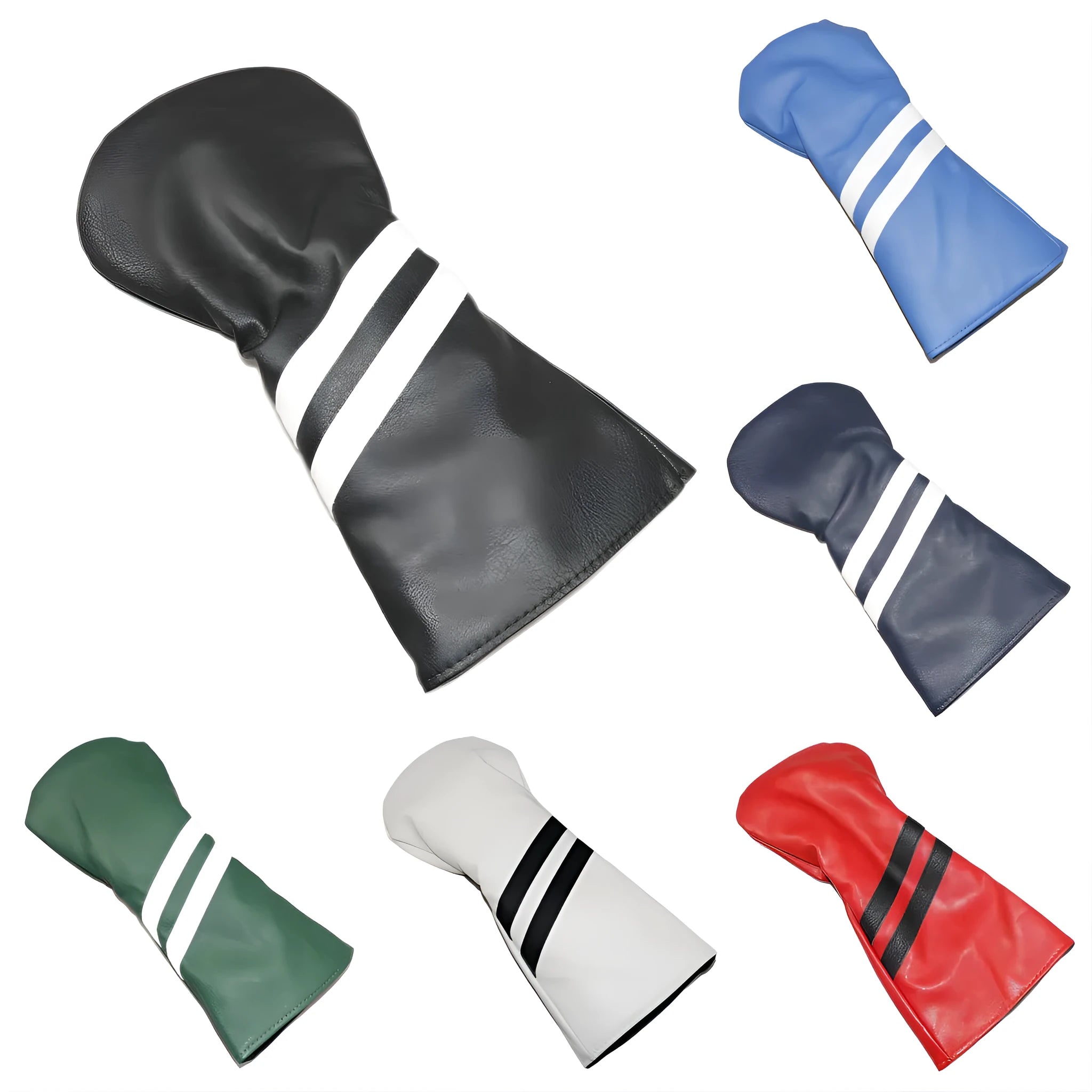 A striped golf club head cover for a driver, shown in black with white oblique stripes.