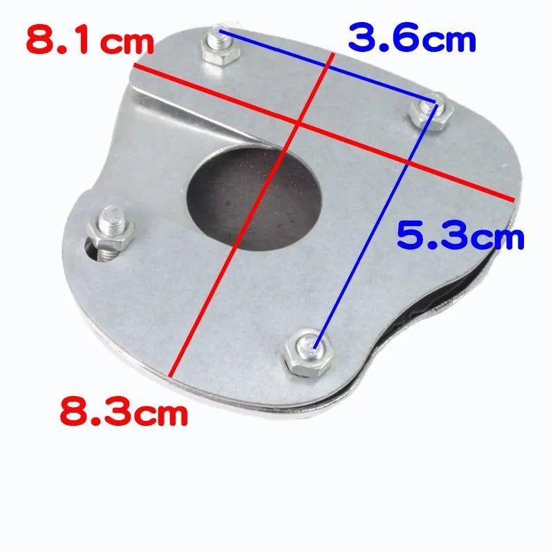 Metal motorcycle brake pedal skid plate replacement part showing three configuration options