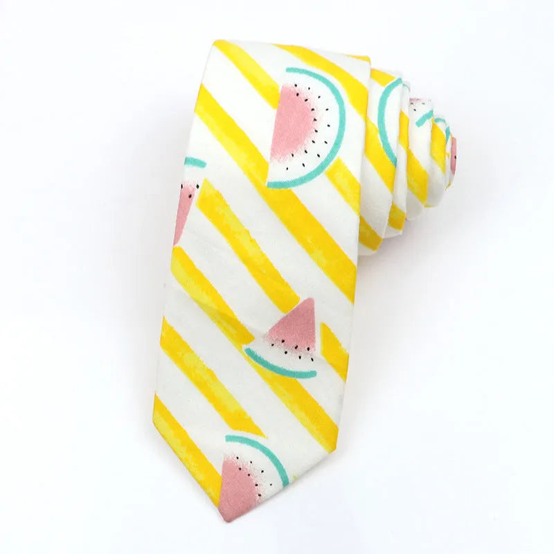 Korean-style narrow men's cotton bow tie with a printed cartoon pattern.