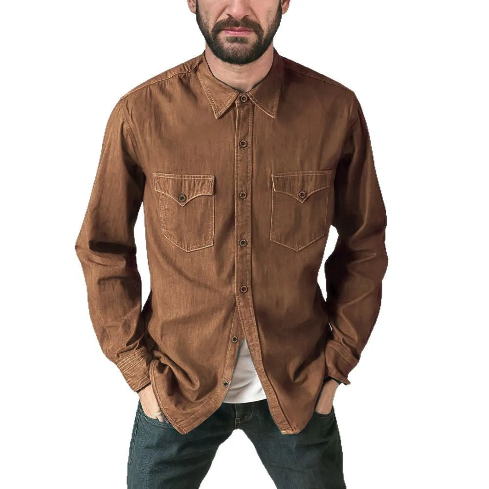 Men's regular fit denim cardigan coat in khaki colour with button front.