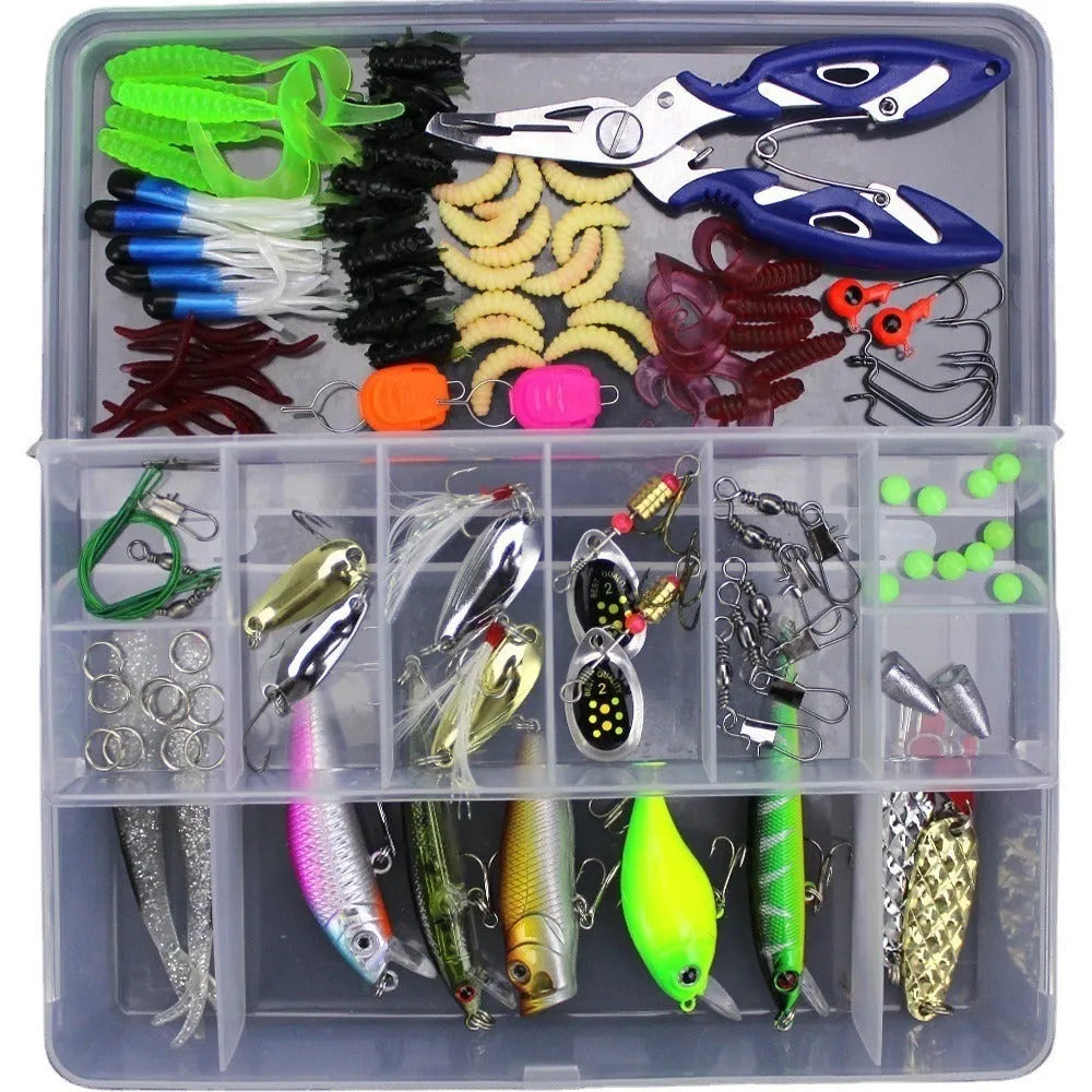 Fishing lure suit set showing soft plastic baits in frog patterns with colour thread inside PP storage box