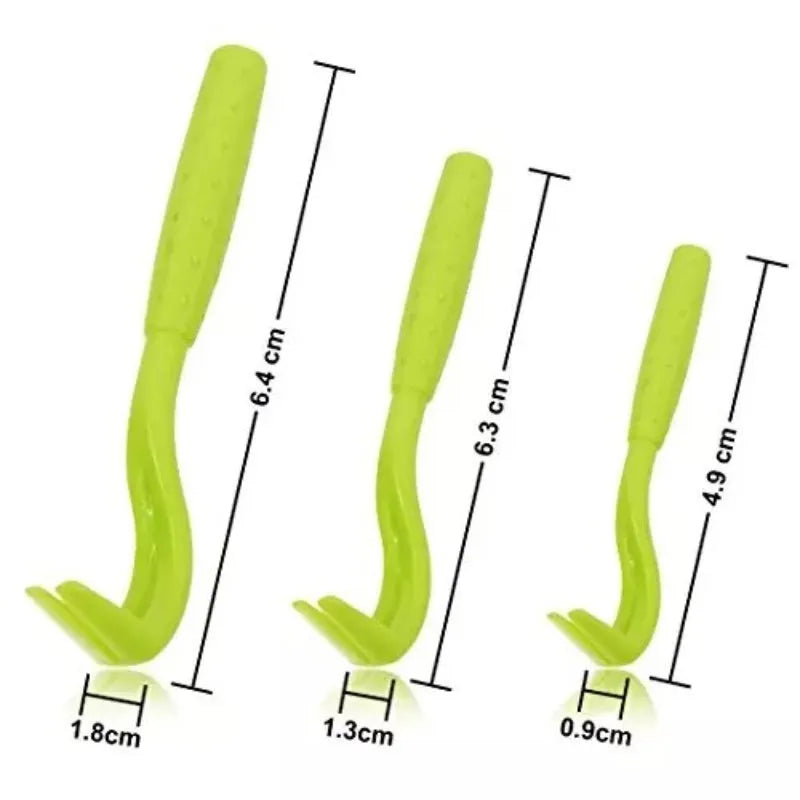 Set of three blue or green plastic pet tick and flea removal clips with hook design.