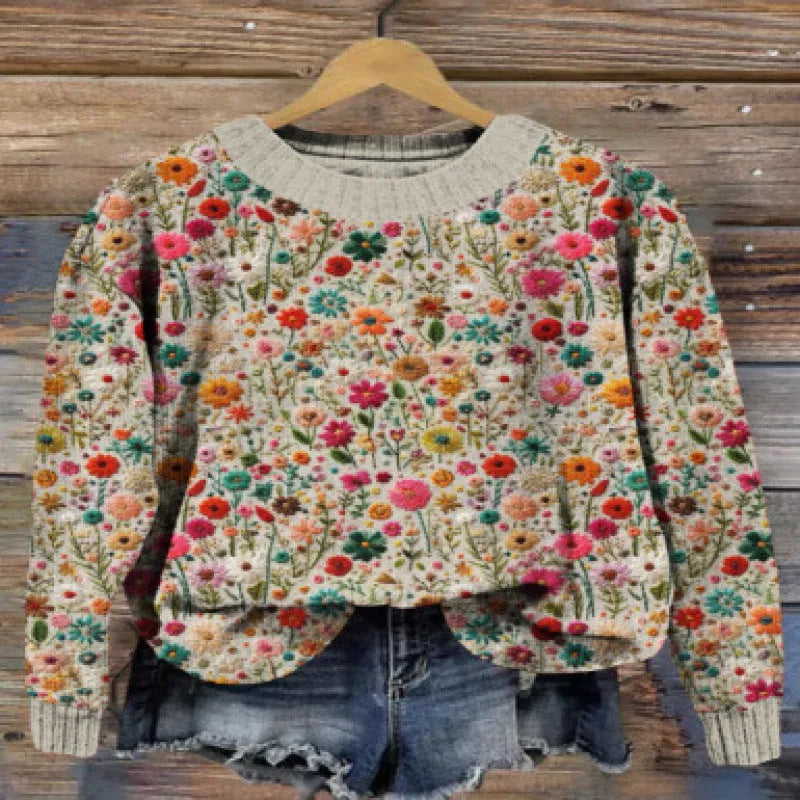 Women's round neck sweater featuring a digital printed little flower pattern in various colours.