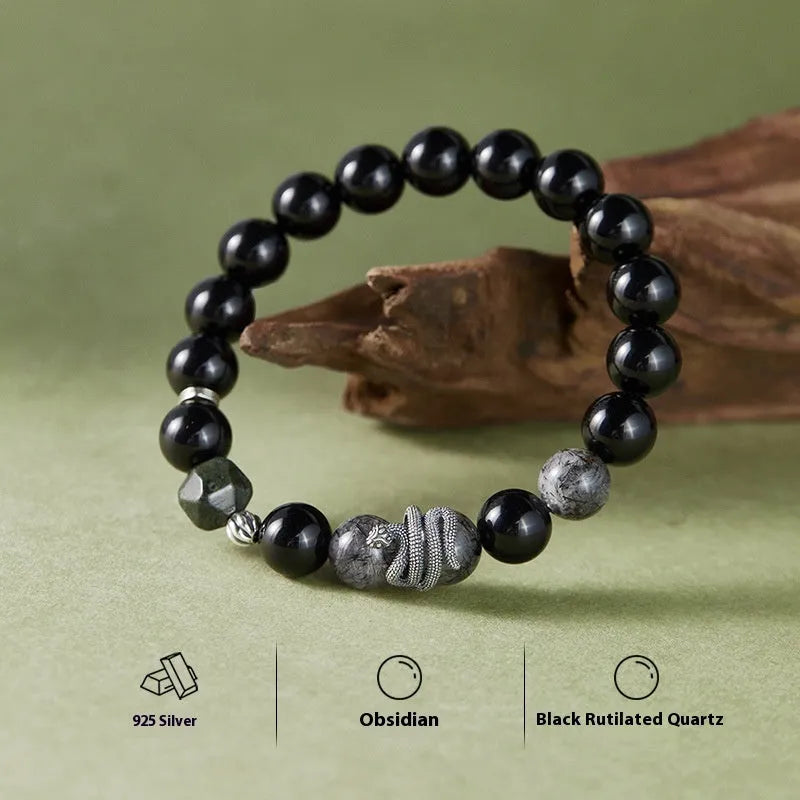 Men's S925 sterling silver snake bracelet with obsidian black crystal hair, 10mm width, retro zodiac style