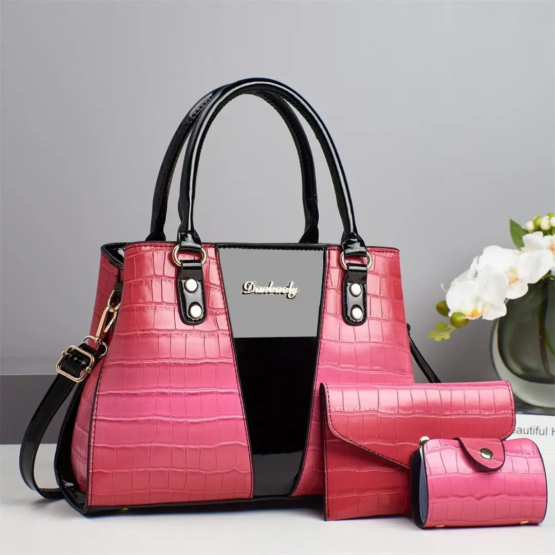 Women's crocodile stitching three-piece shoulder bag set in PU, showing main bag, smaller bag, and card bag.