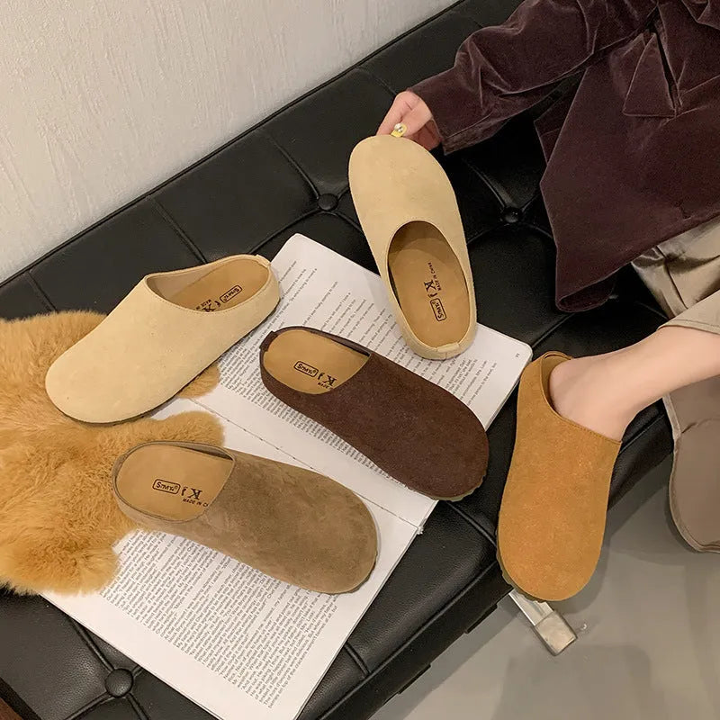 Ugly Soft Flat Korean style slip-on slippers in apricot colour showing square toe and flat design.