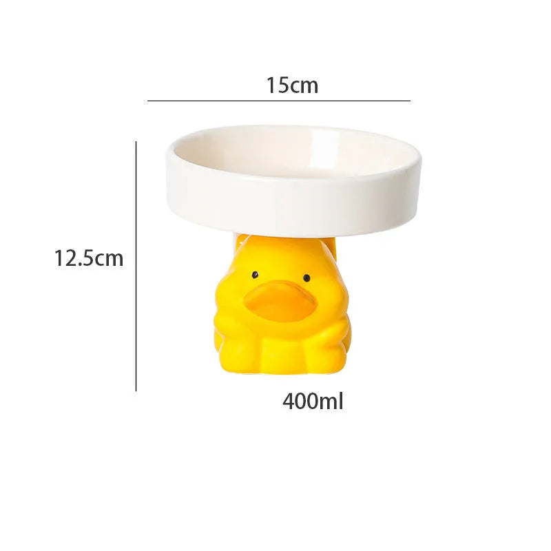 Raised ceramic cat bowl in animal design with wide opening for whisker-friendly feeding