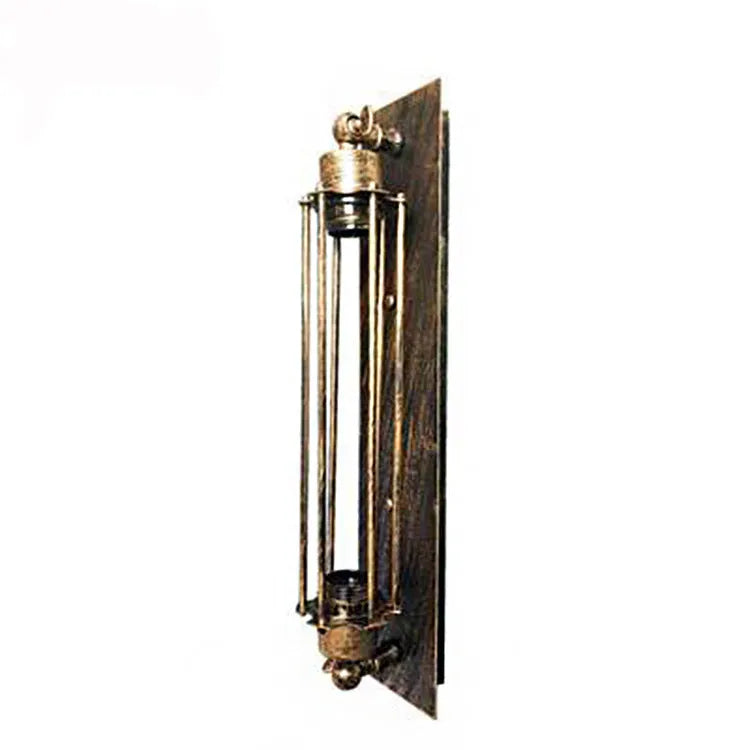 Industrial retro iron wall lamp in antique style with elongated flute-shaped shade.