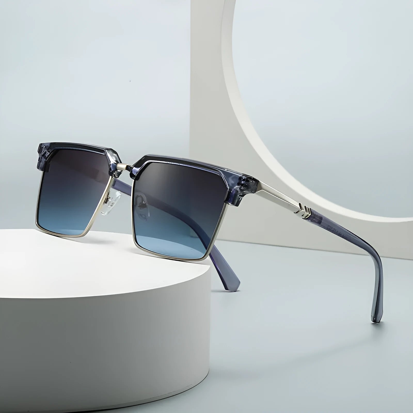 Men's square frame sunglasses in plastic showing six colour variations including tea green and blue options