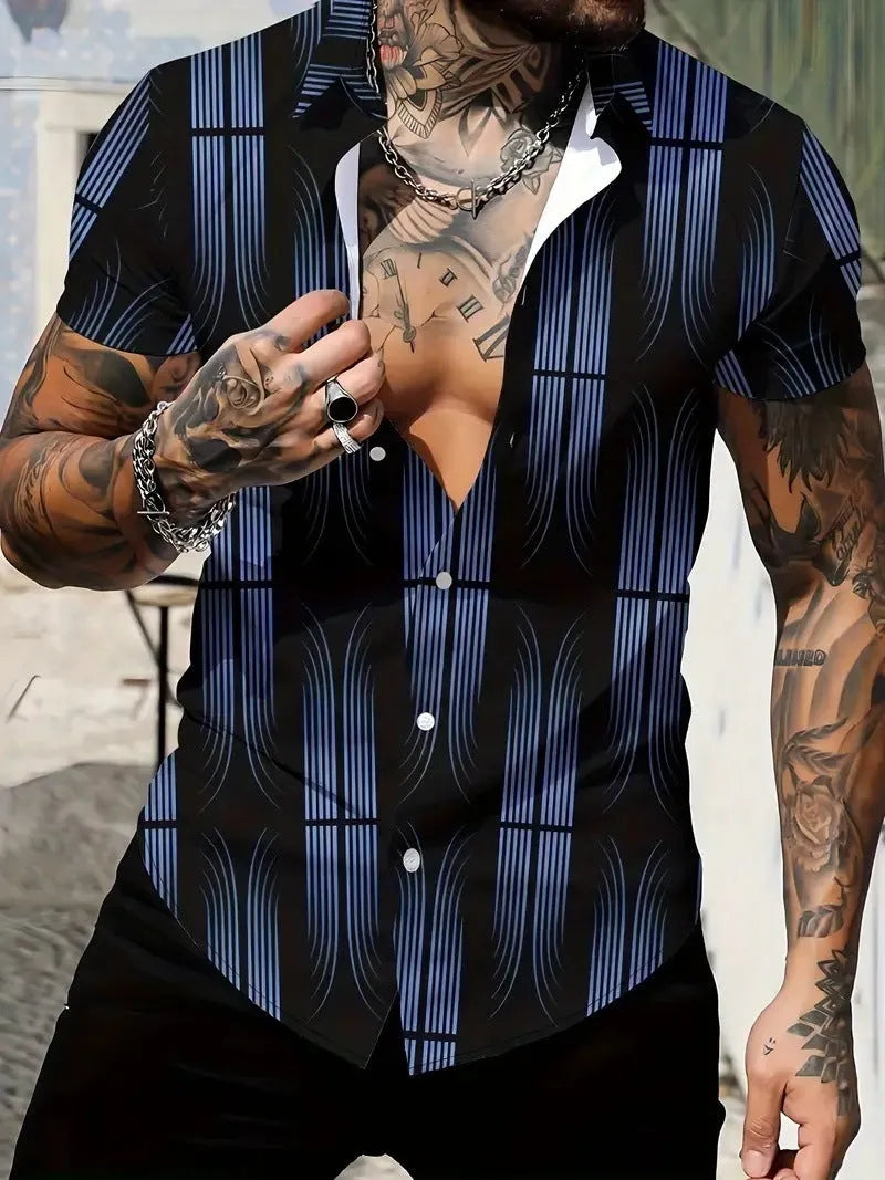 Men's slim fit short sleeve shirt with geometric line printing on the lapel, shown in a casual summer style.