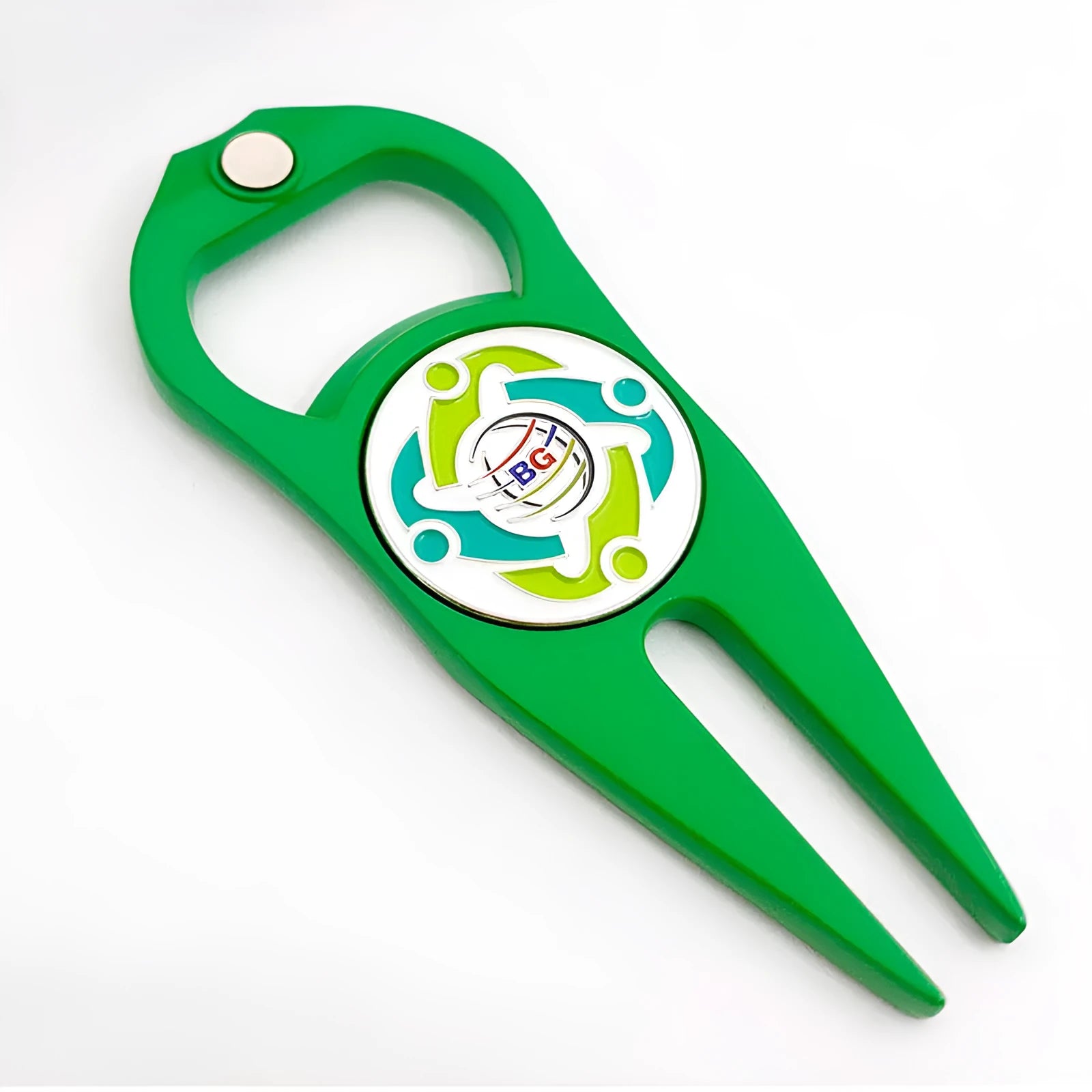 Black zinc alloy golf ball fork and bottle opener tool on green turf