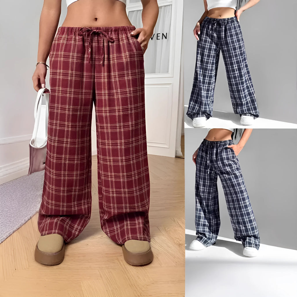 Women's loose fit plaid trousers with drawstring waist and side pockets in red and blue colours