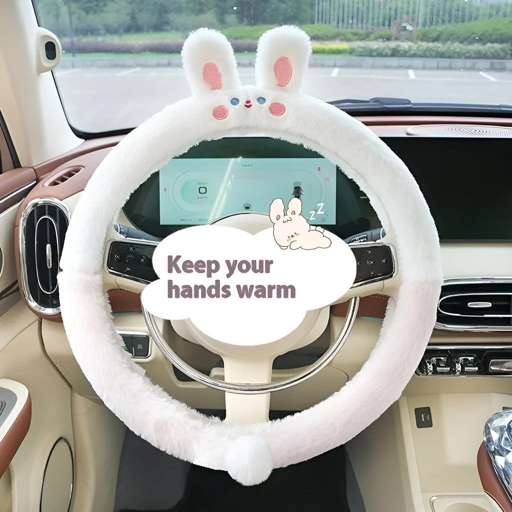 Plush rabbit fur steering wheel cover with animal embroidery for 38cm diameter winter use