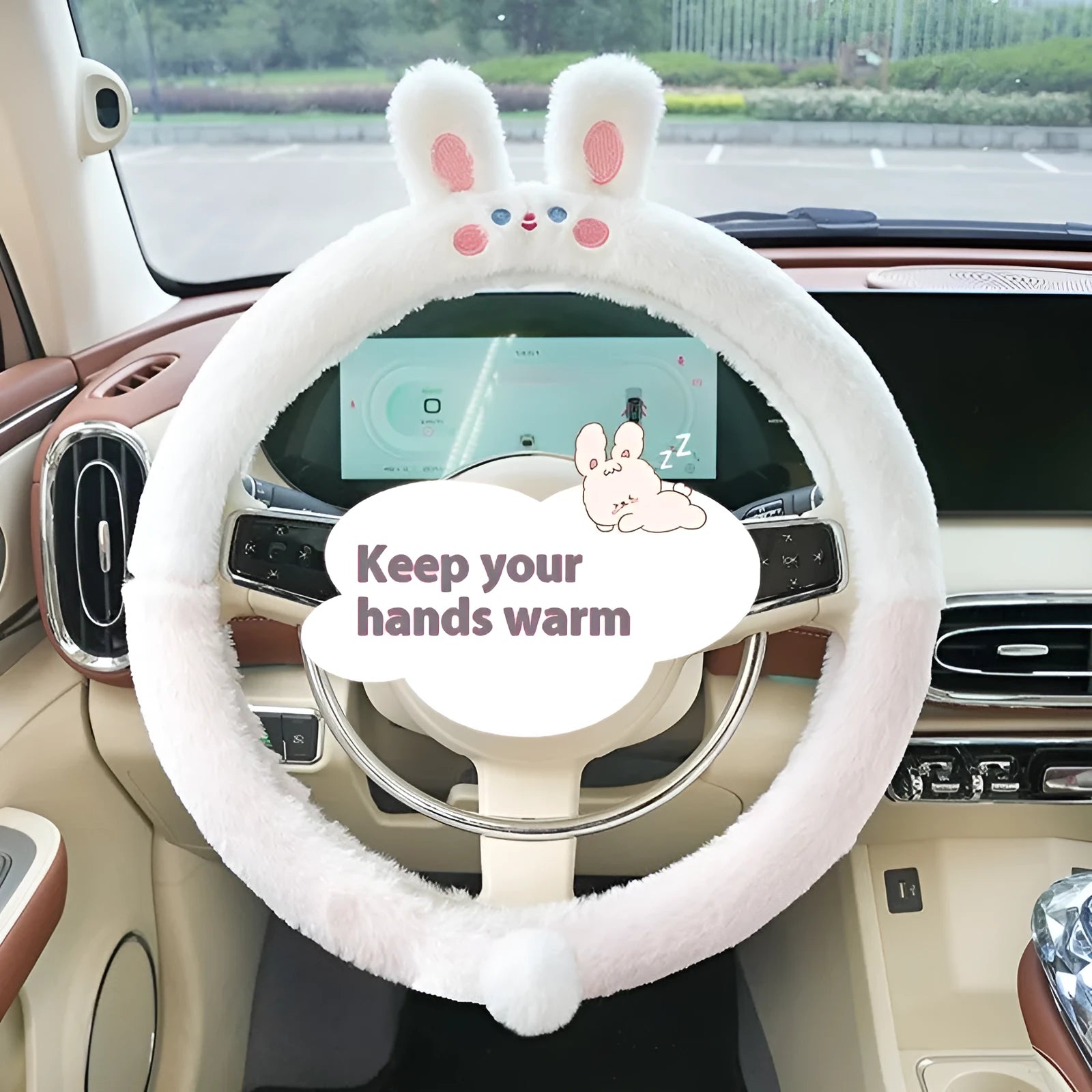 Plush rabbit fur steering wheel cover with animal embroidery for 38cm diameter winter use