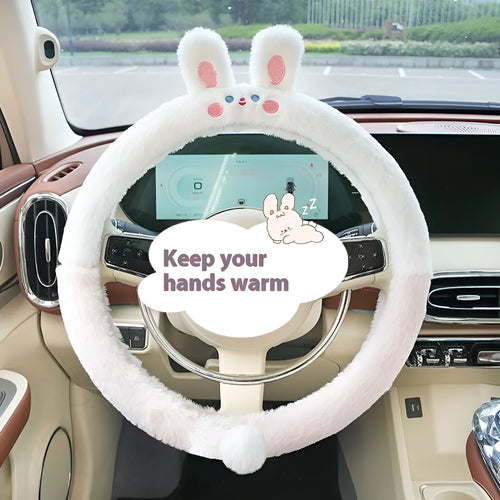Plush rabbit fur steering wheel cover with animal embroidery for 38cm diameter winter use