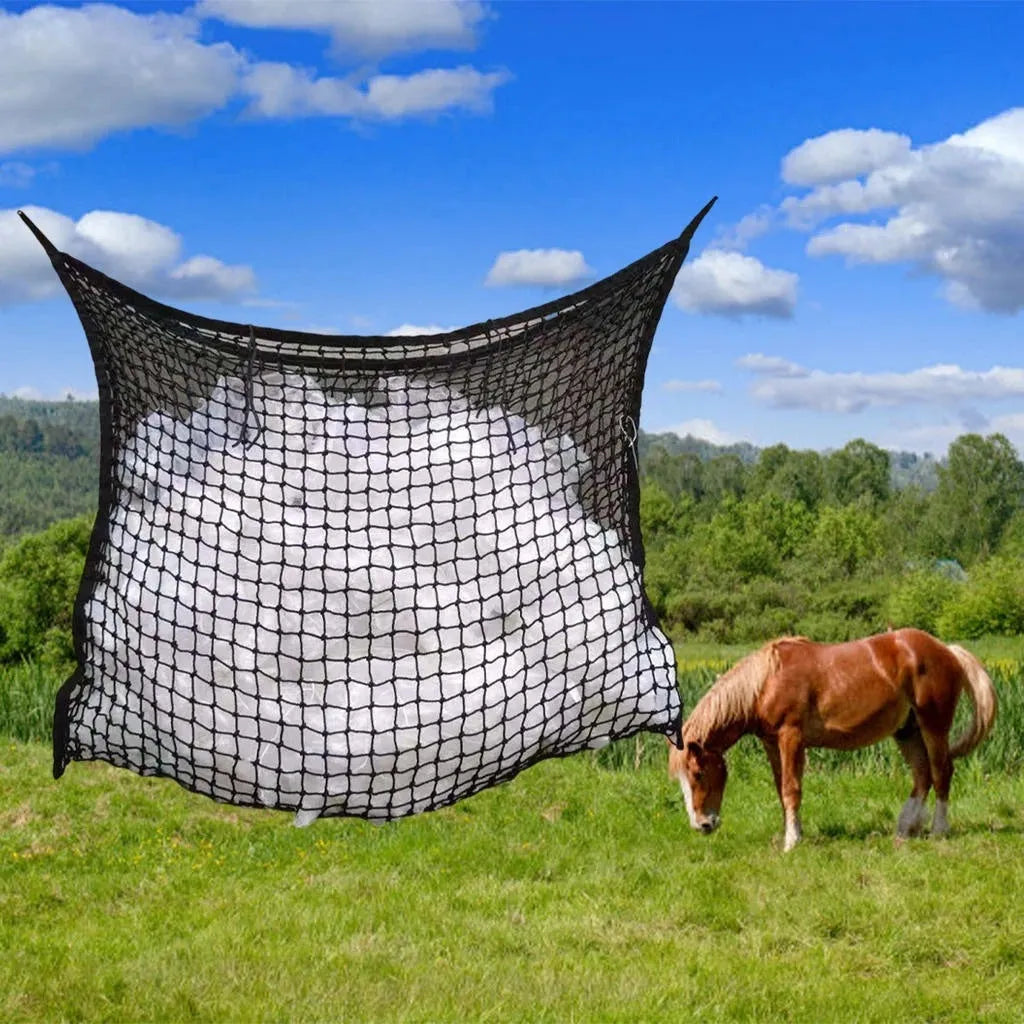 Woven PE rope grid design horse feeding bag in black or white colours