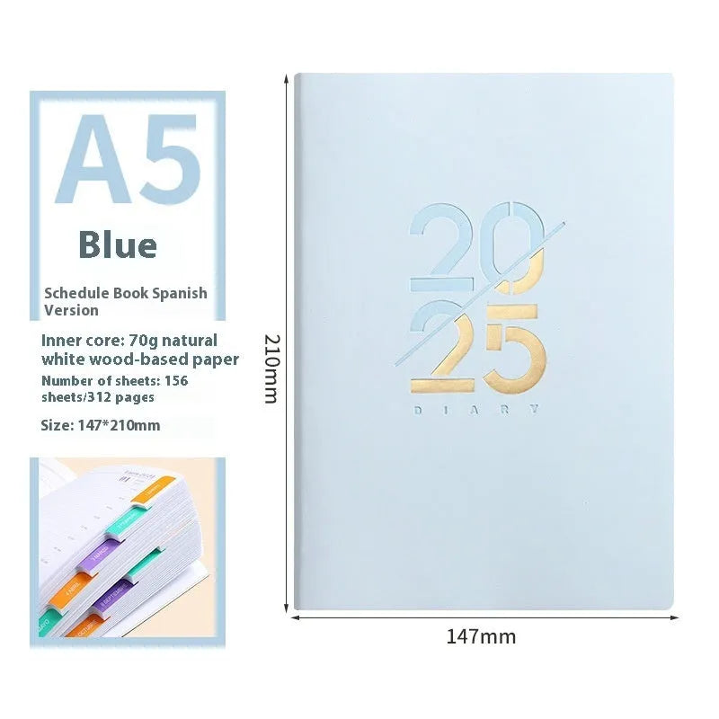 Soft faux leather A5 daily planner book open on a desk, showing Dorian paper pages and available colour variants.