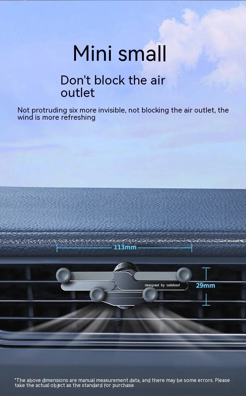 Aluminium alloy car phone mount with silicone grips shown attached to vehicle air vent