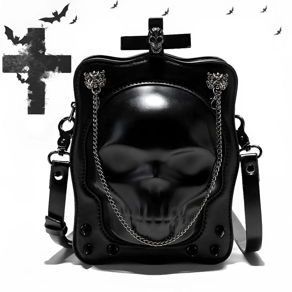 Black gothic skull mini crossbody bag with stitching and chain details