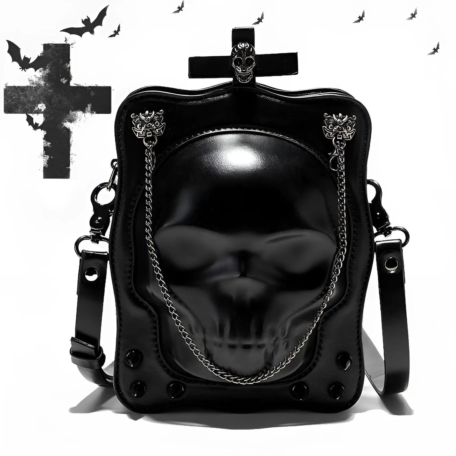 Black gothic skull mini crossbody bag with stitching and chain details