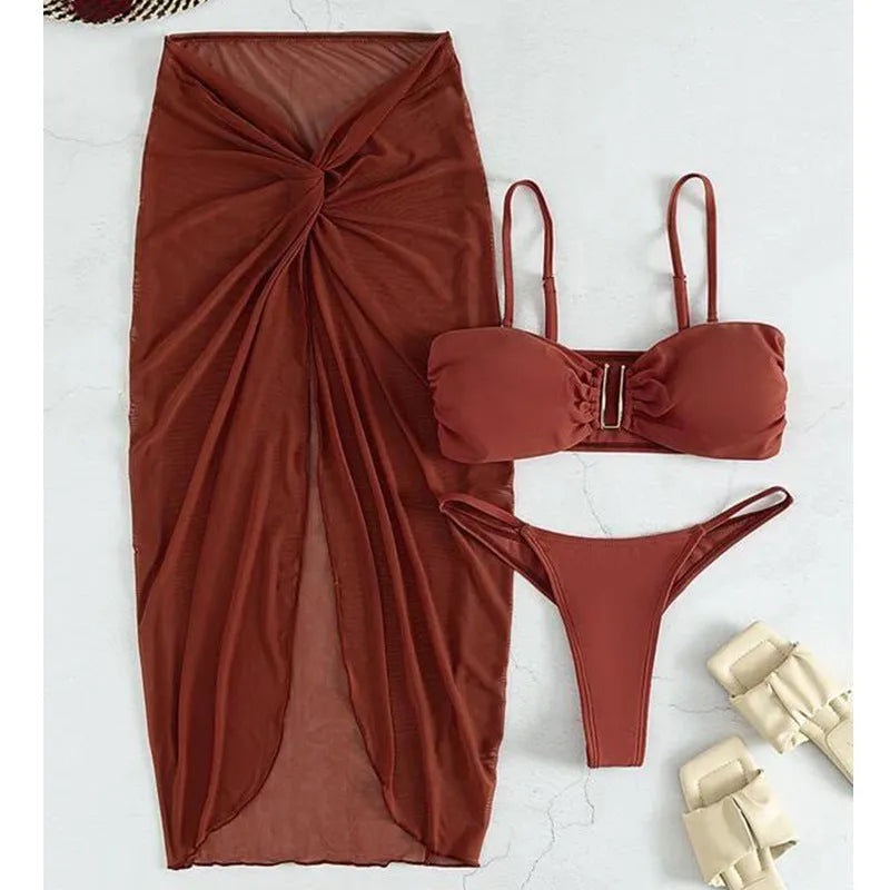 Women's three-piece bikini swim set with long culotte bottoms in multiple colour options