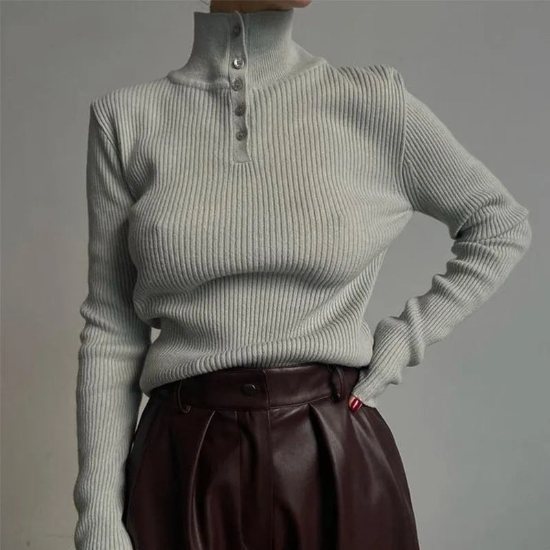 Retro breasted half turtleneck pullover sweater in slim fit silver grey colour