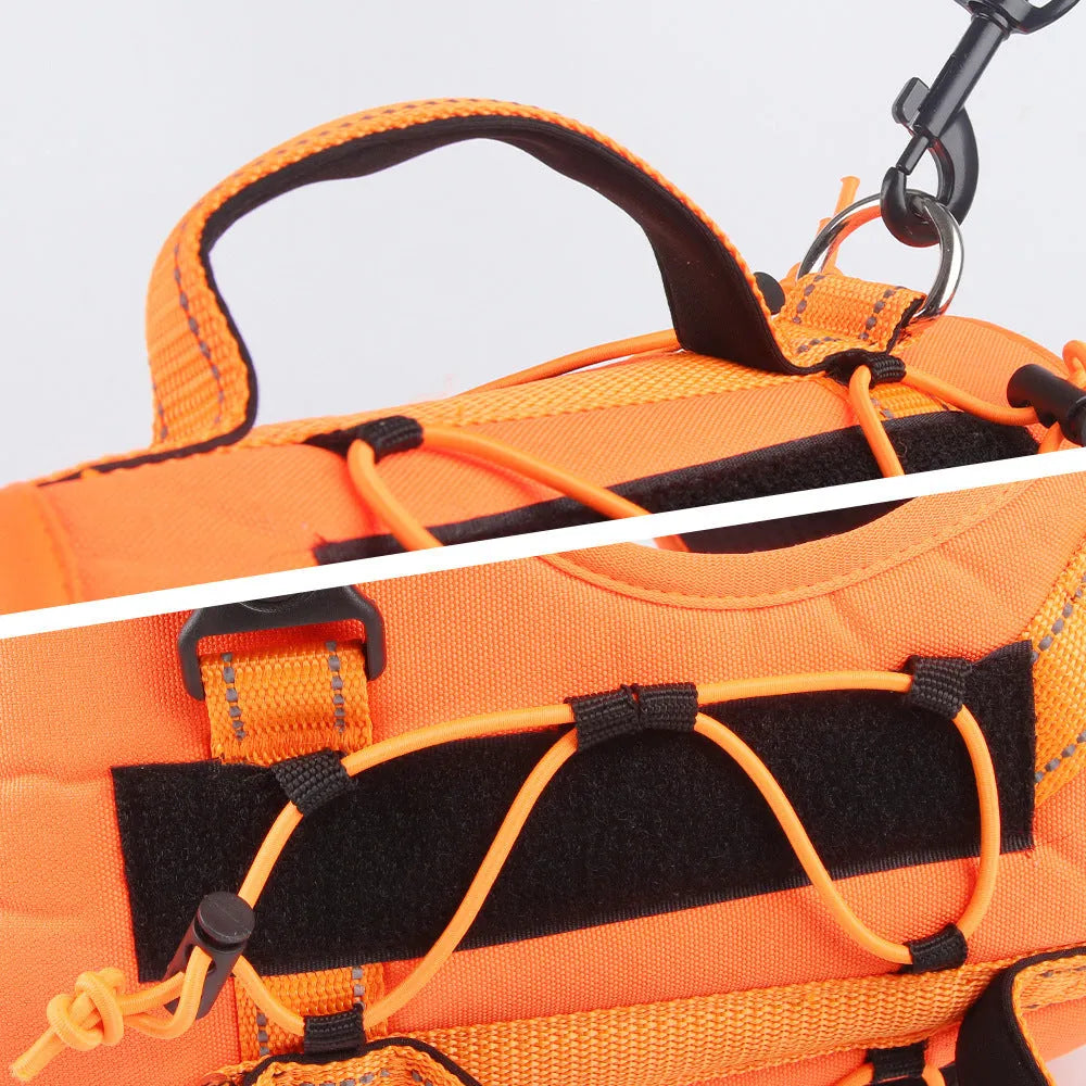 Orange reflective dog vest harness with integrated black hand-holding rope and adjustable straps.