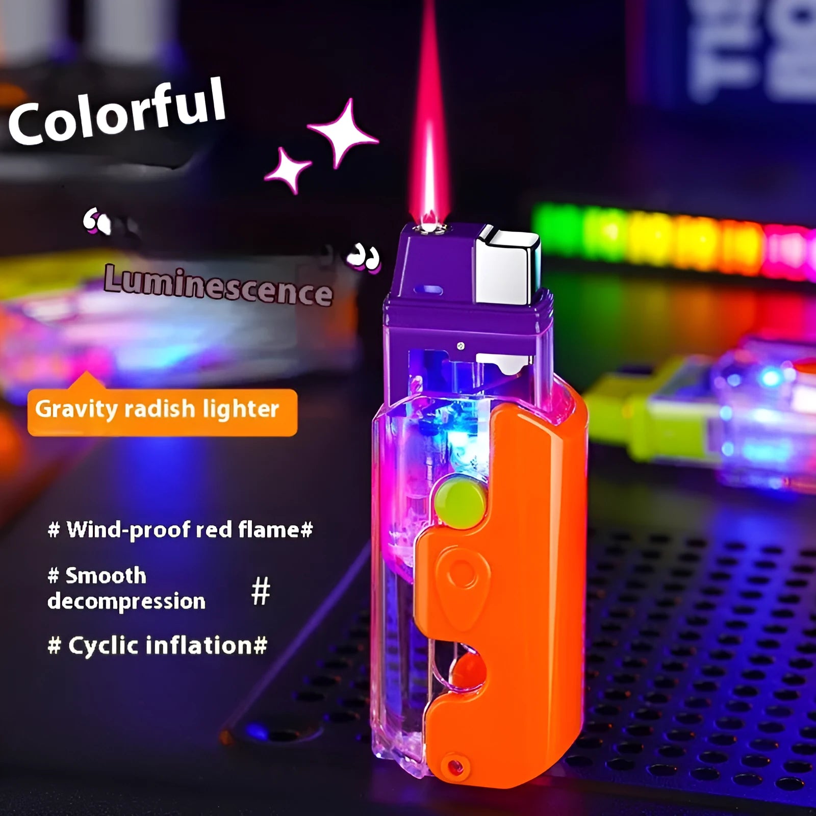 Colourful luminous radish design wind-resistant lighter in green, orange, or purple.
