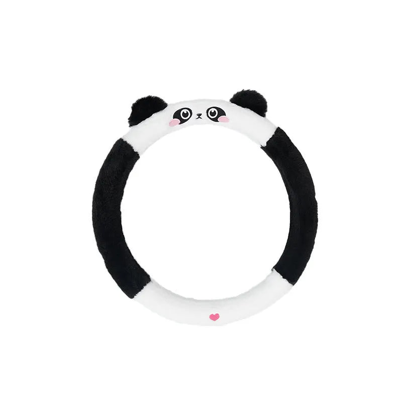 Plush rabbit fur steering wheel cover with animal embroidery for 38cm diameter winter use