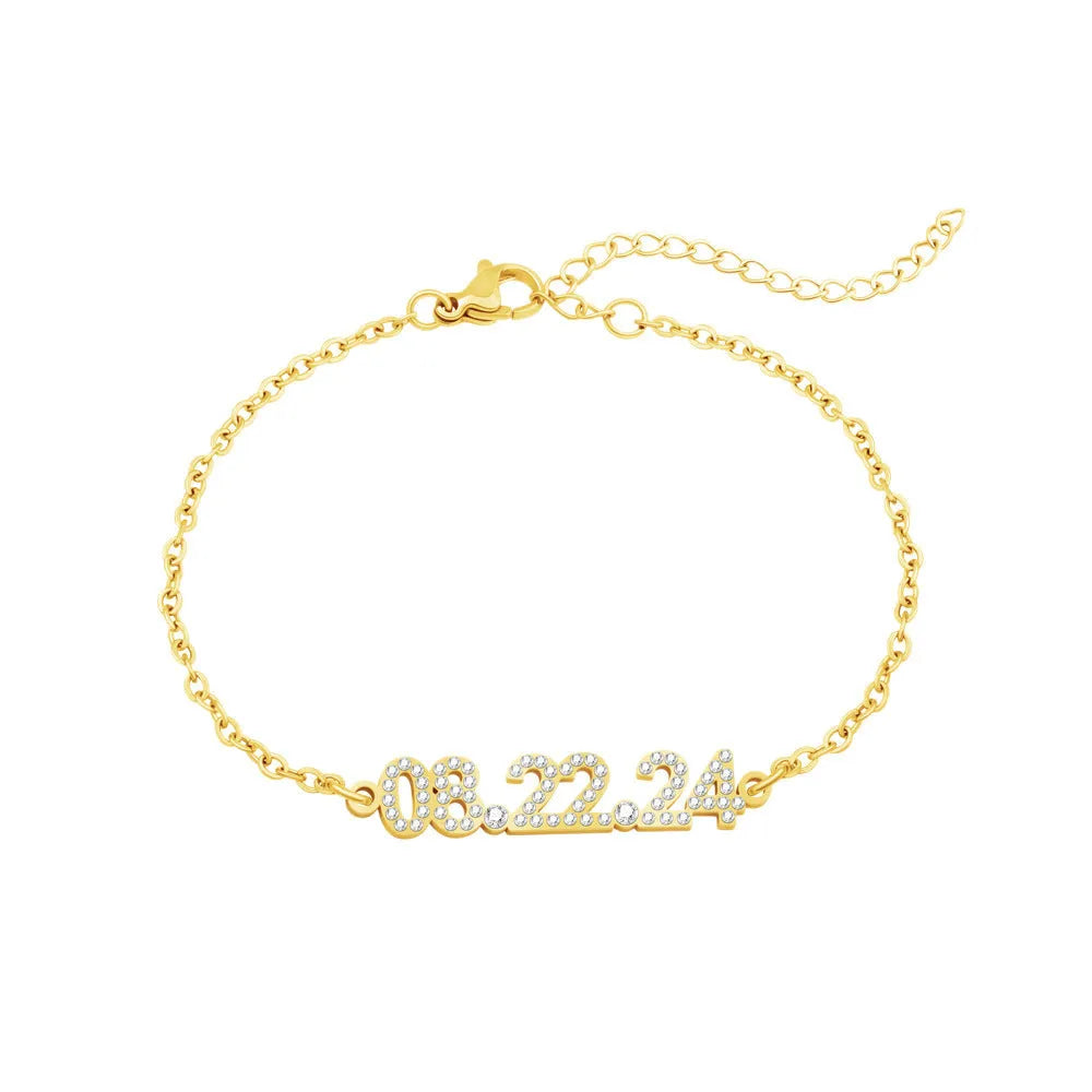 Stainless steel digital bracelet with diamond studs around LED display, shown in gold colour