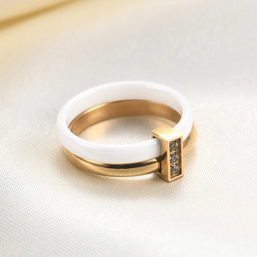 Geometric ceramic women's ring with glossy stitching and zirconium inlay in Steel Black finish