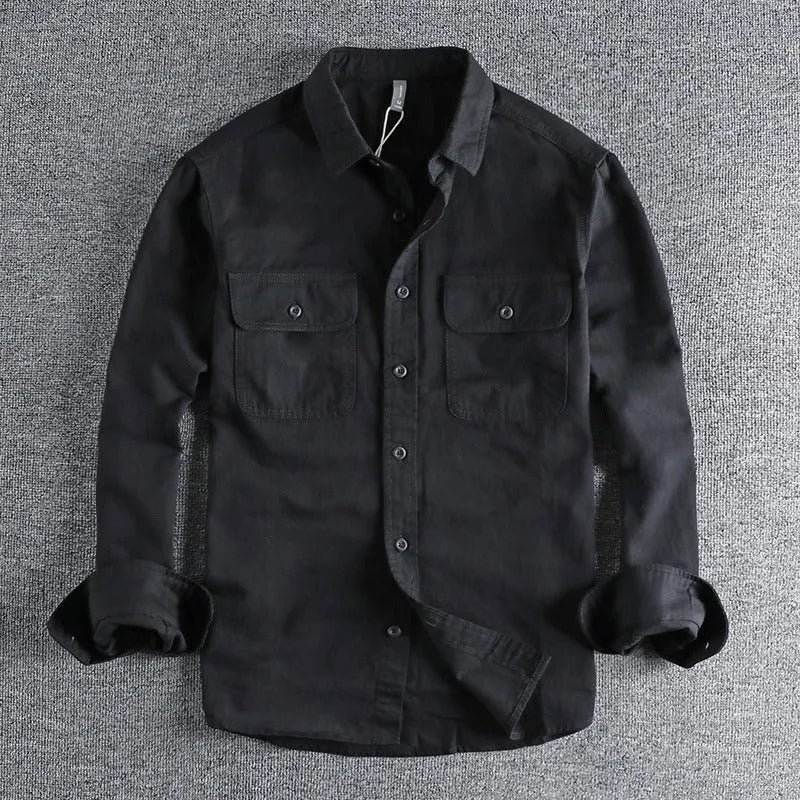 Men's loose long sleeve polyester shirt in cardigan style on a hanger, shown in light grey colour