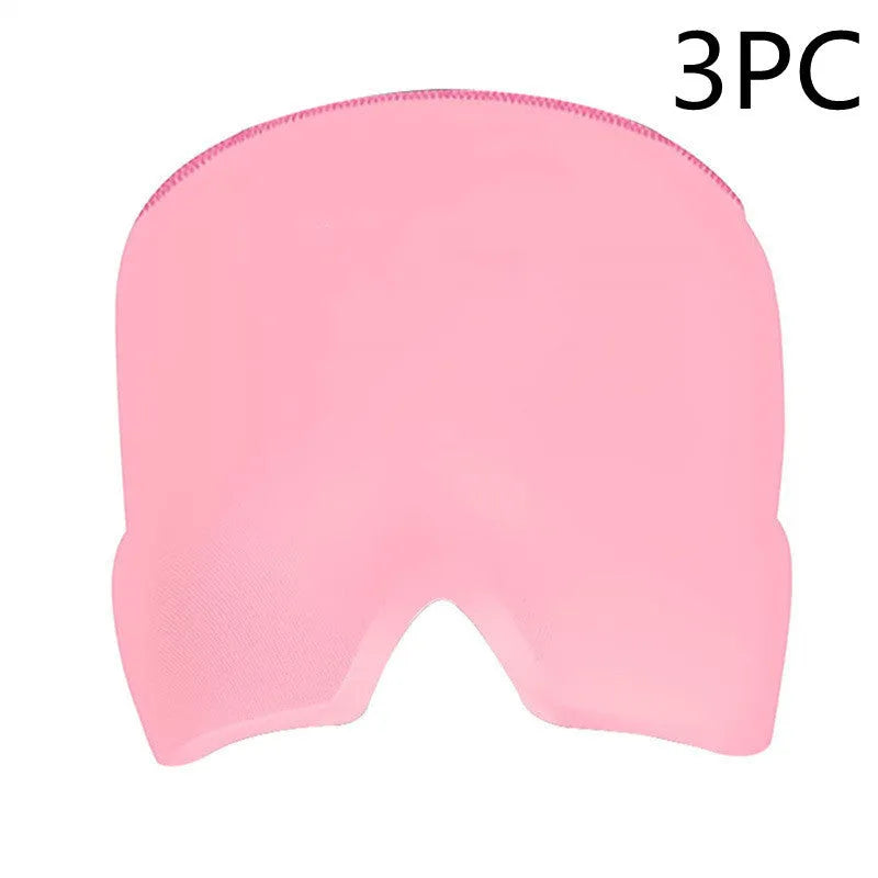 Black adjustable cold compress gel eye mask for headache relief on a plain background.
