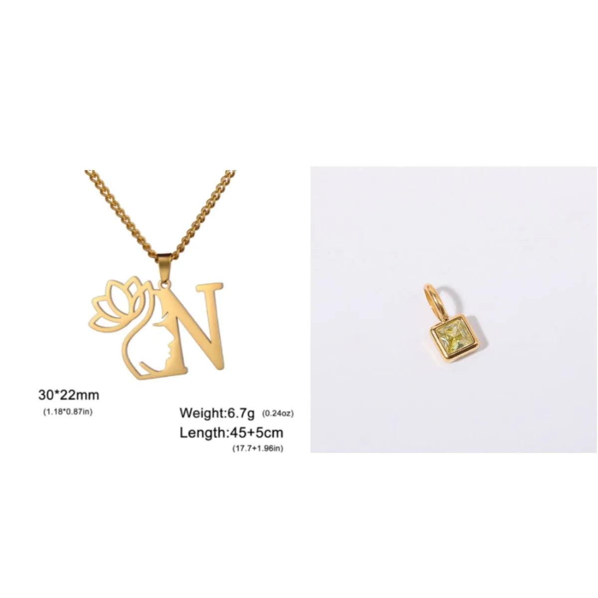 Stainless steel necklace with cross chain design and single letter pendant in gold or silver electroplated finish