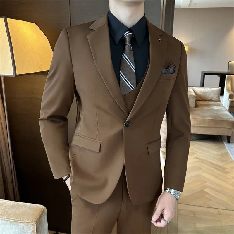Men's slim-fit business trousers in chemical fibre blend available in camel, brown, and dark green colours