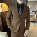 Men's slim-fit business trousers in chemical fibre blend available in camel, brown, and dark green colours