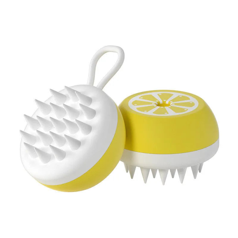 Yellow silicone pet grooming brush with massage comb design for dog and cat bath time