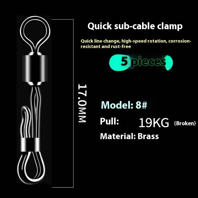 Brass quick-change barrel swivel bearing fishing tackle with line clamp.
