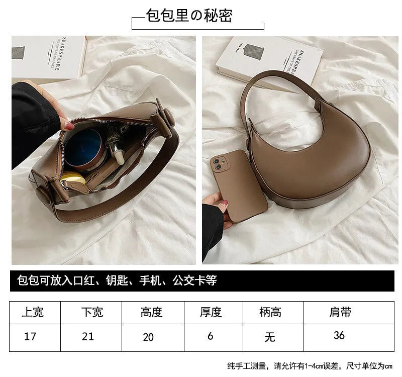 Women's retro dumpling-shaped shoulder bag in PU leather with a sandwich pocket.